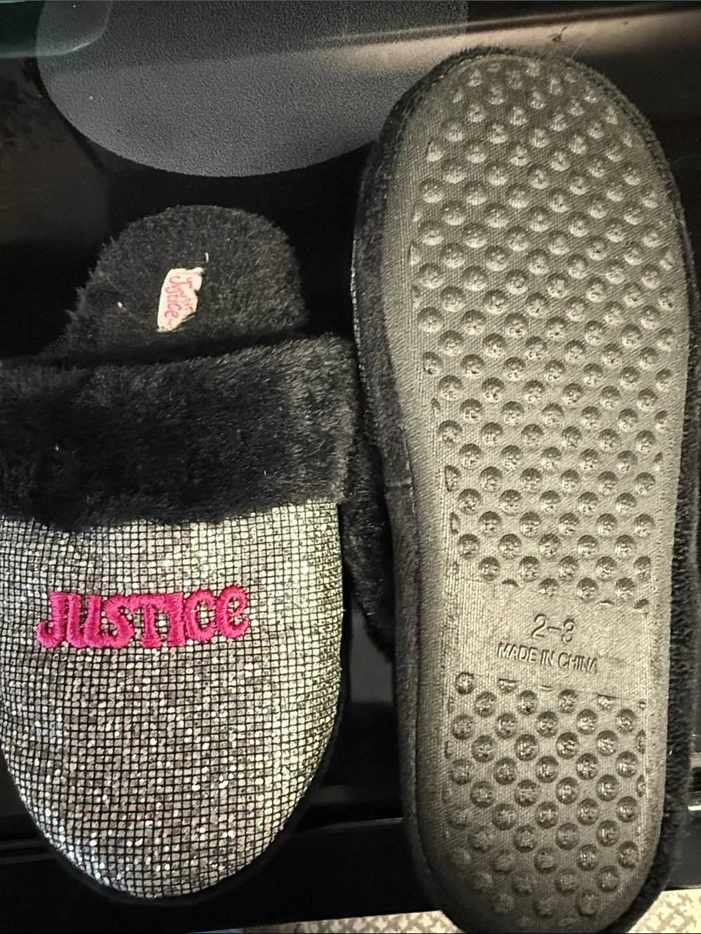 Justice Silver Glitter Slippers with Pink Logo